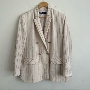 Zara Oversized Beige Black Pinstripe Double-Breasted Blazer Gold Buttons Size L